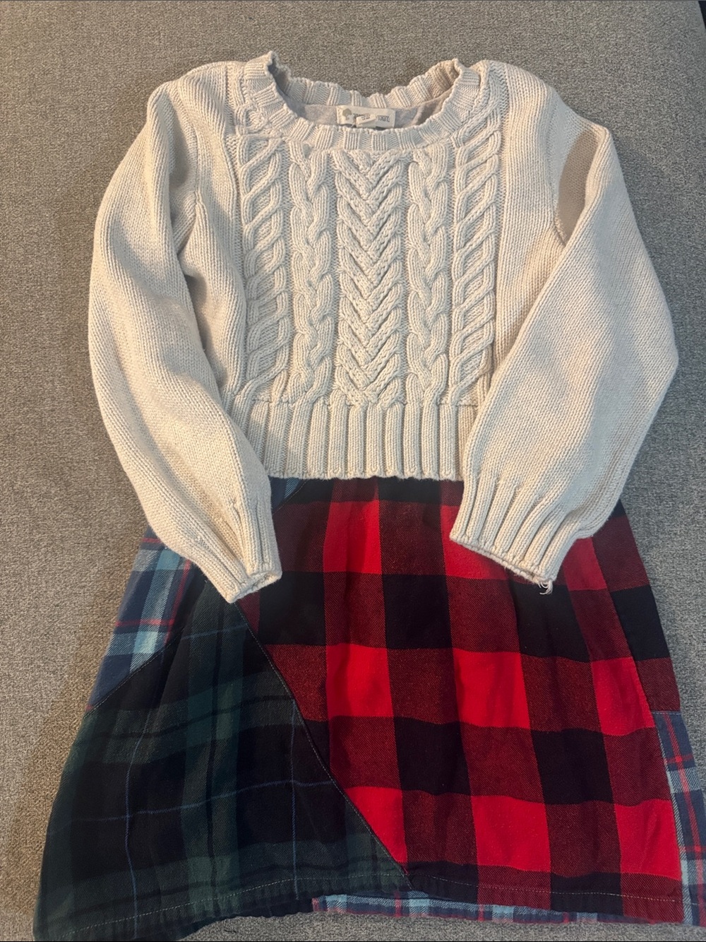 3/$15- Cream Cable-Knit Sweater Dress with Red & Black Plaid Skirt - Kids